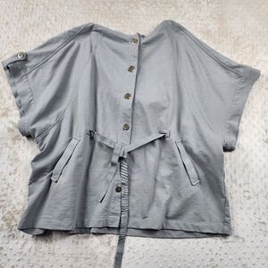 CJ Banks Hooded Button Jacket with Drawstring Olive Green 2X Short Sleeve Belted